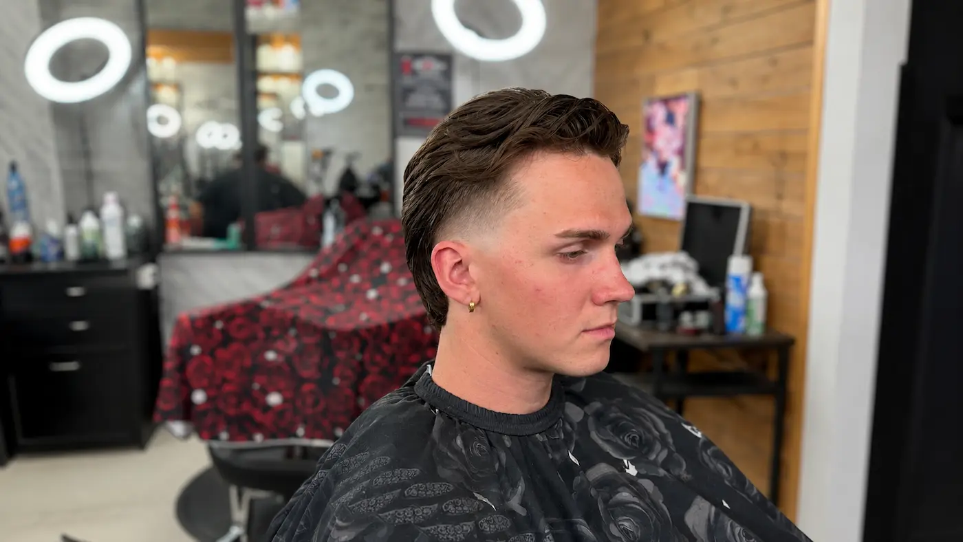 modern pompadour low fade haircut in Richmond Hill