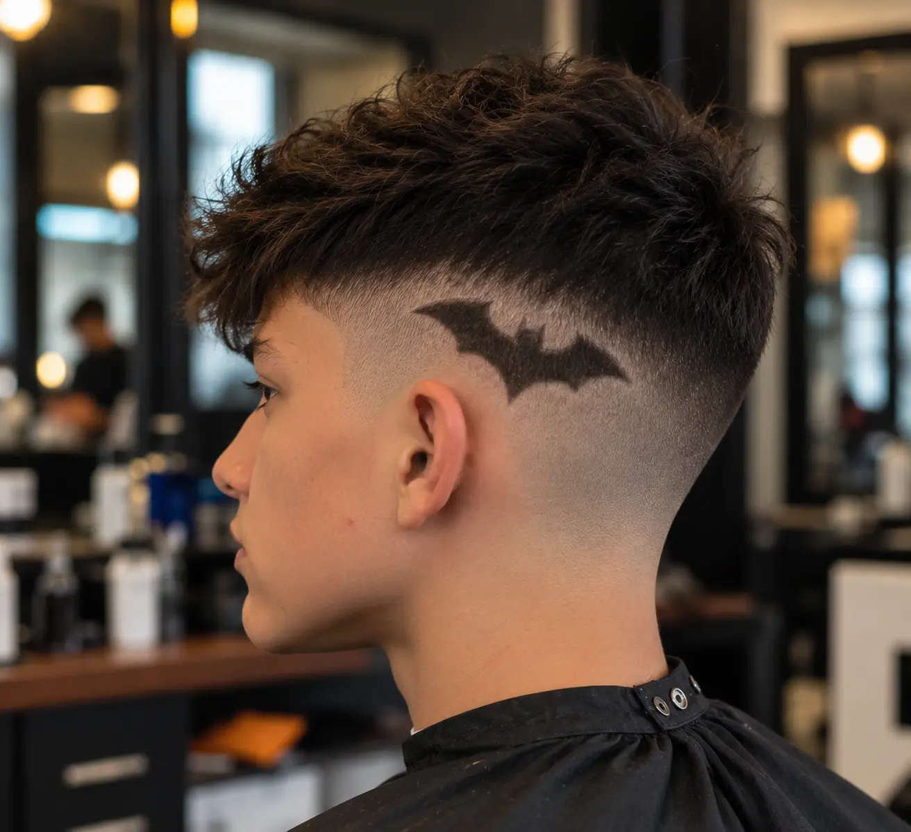 Bat-shaped Halloween hair design shaved into the side of a men's skin fade haircut