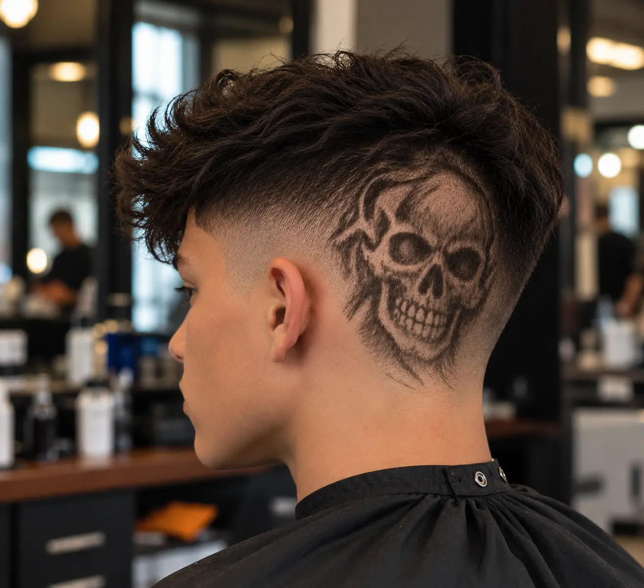 Skull-inspired Halloween hair design shaved into the side of a men's fade haircut