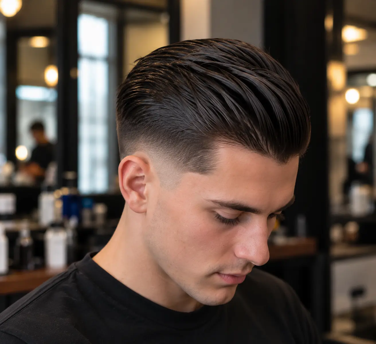 Men's slicked-back hairstyle with a clean fade, inspired by a classic Halloween vampire look