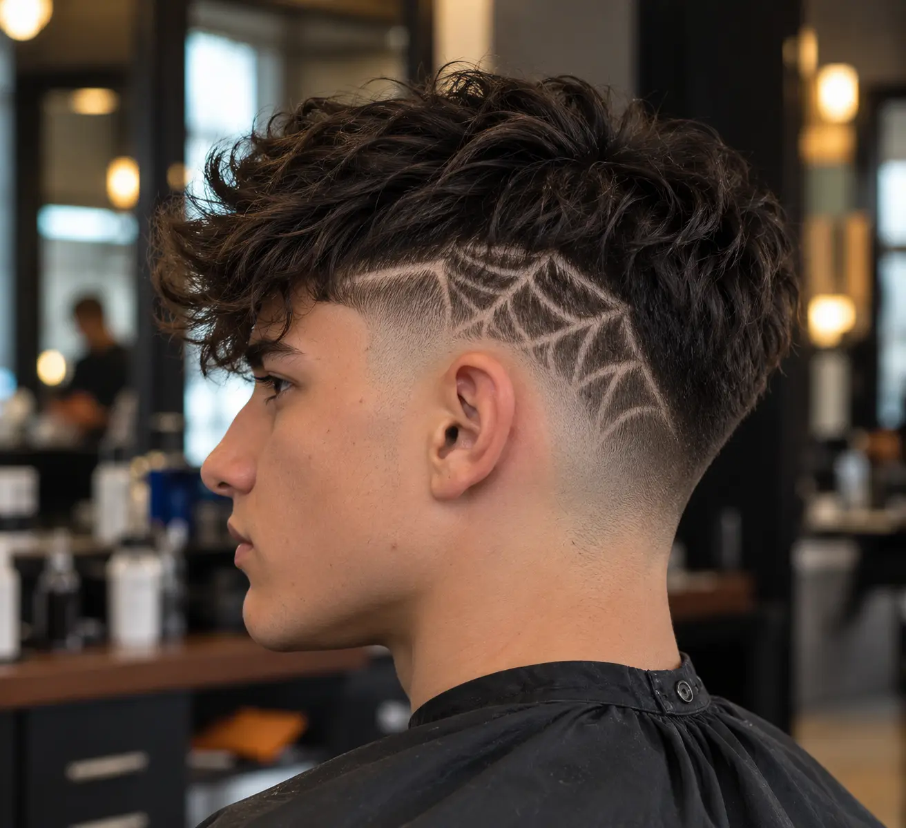 Spider web Halloween haircut design shaved into the side of a men's skin fade
