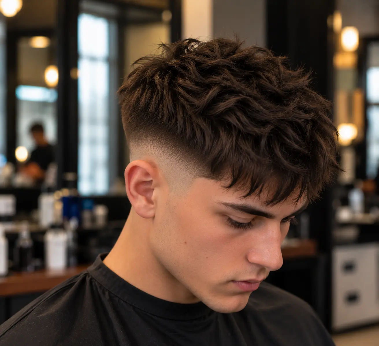 Men's textured crop haircut with a messy layered top, short fringe and clean faded sides
