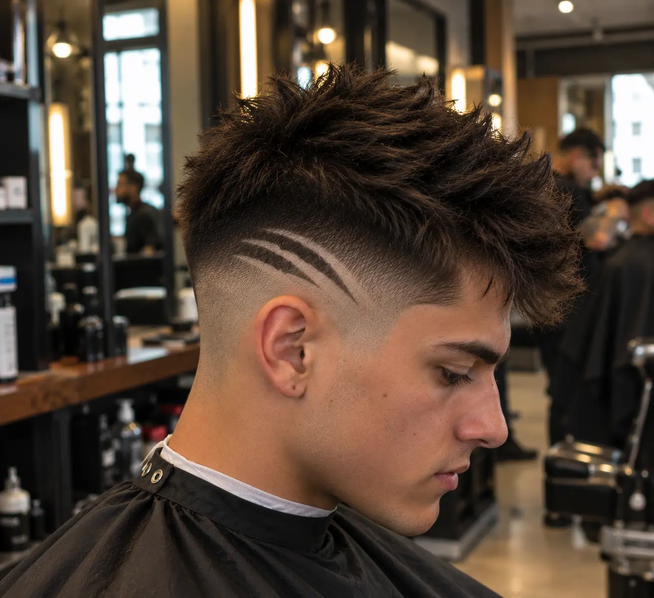 Men's textured faux hawk haircut with faded sides and shaved diagonal line designs